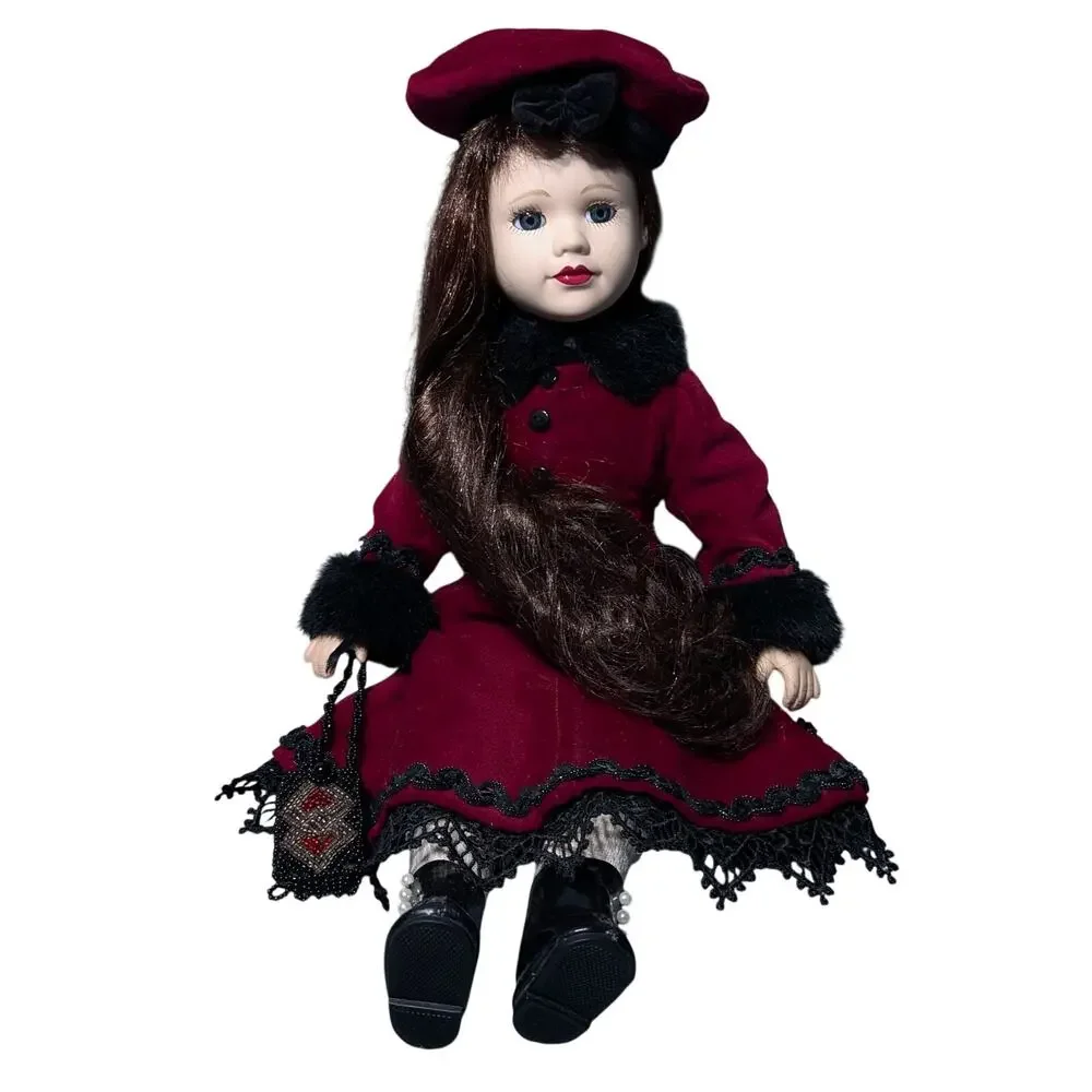 Porcelain Doll Woman 17 in Burgundy Victorian Dress Black Beret Beaded Purse
